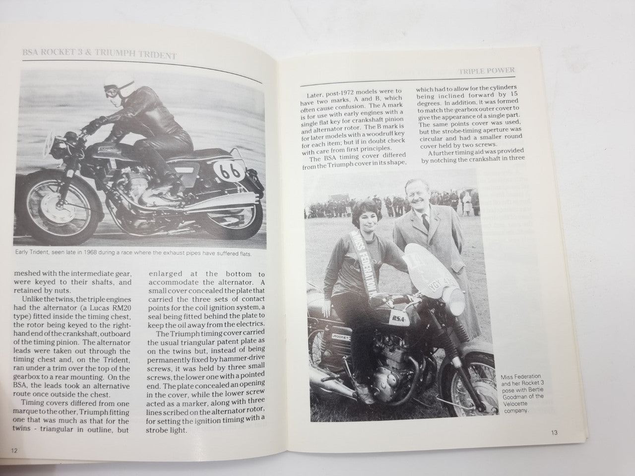Motorcycle monograph book open to pages with black-and-white motorcycle action photos