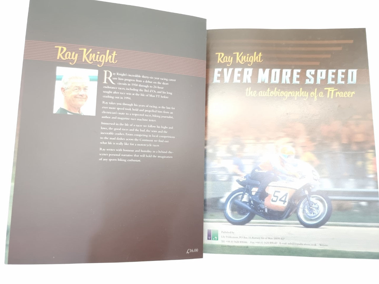 Open paperback spread with author info on left and title page with motorcycle photo on right