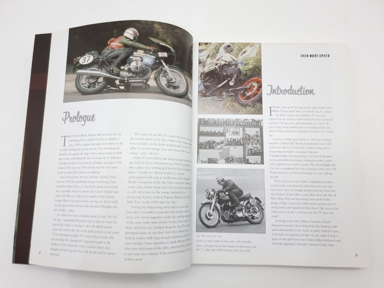 Open paperback showing black-and-white motorcycle photos with prologue and introduction pages