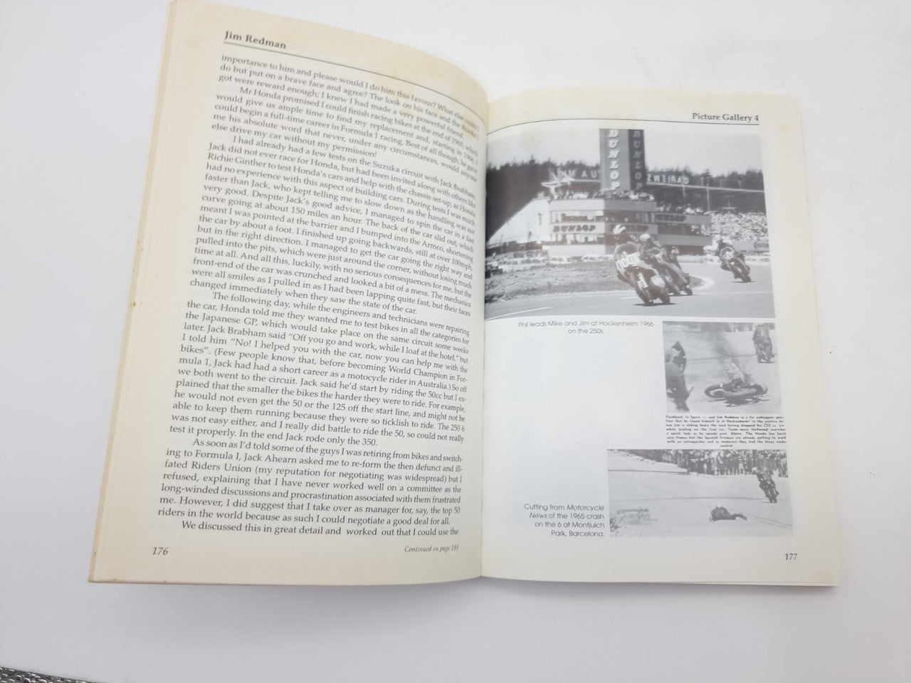 Open book spread with black-and-white racing photos and event captions on the right page