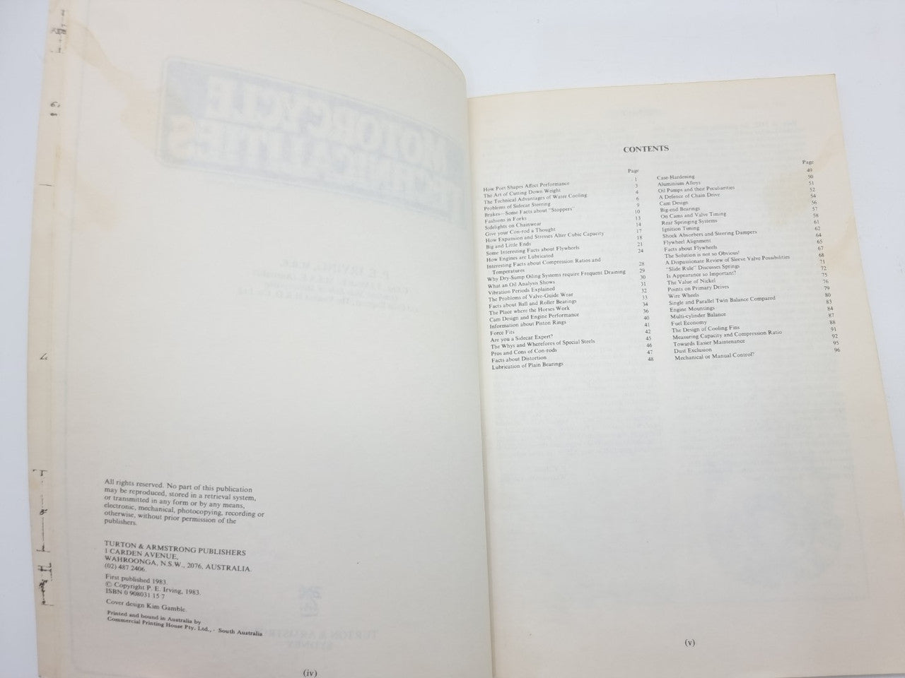 Motorcycle technicalities book open to contents list pages with headings