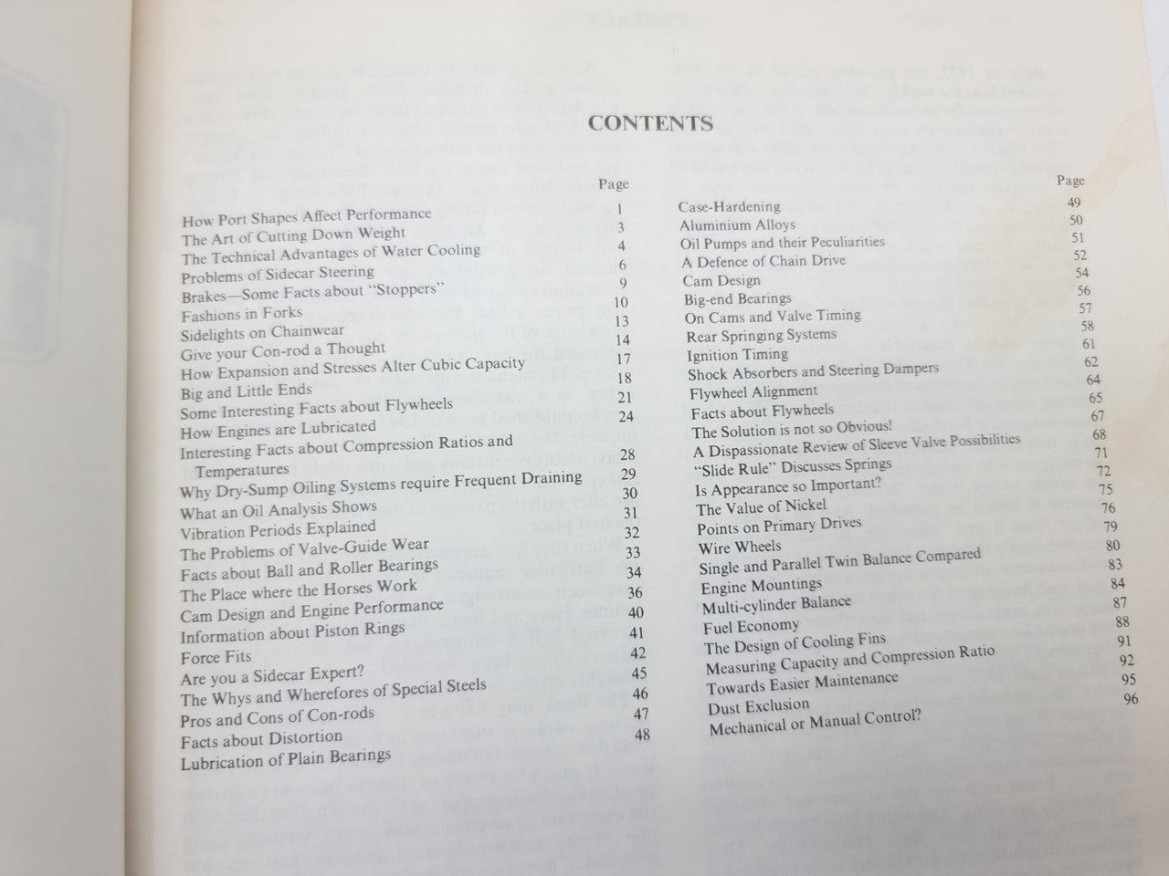 Motorcycle technicalities book contents page with section titles and page numbers