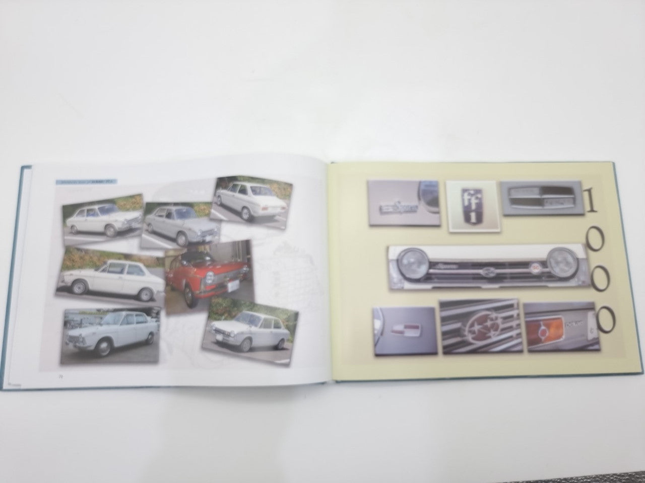Subaru 100, 1100, 1300 book open to photo collage spread with car images