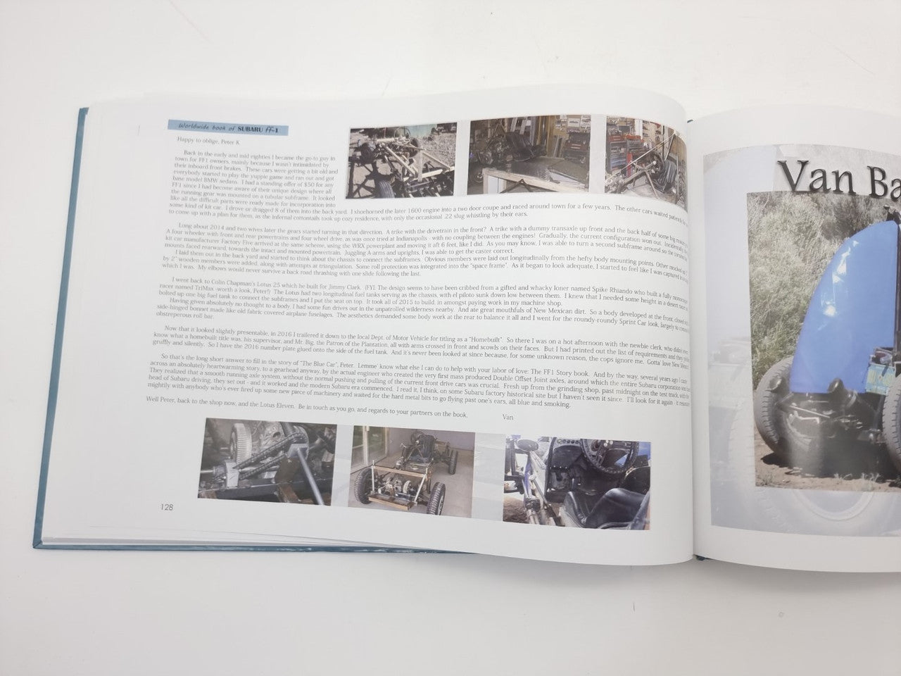 Open Subaru car manual page with dense text and several engine-room photo inserts