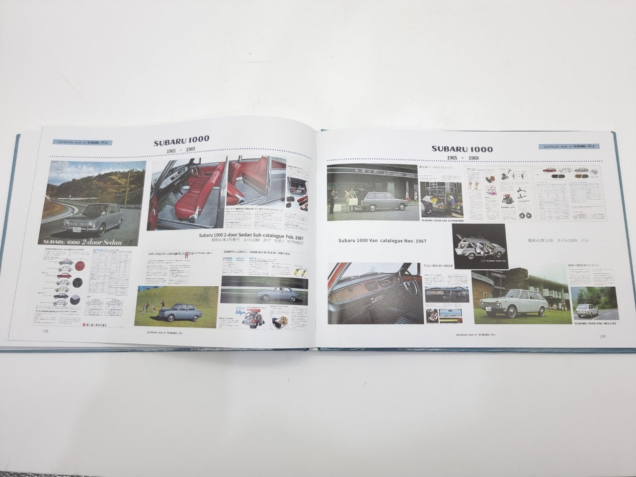 Open Subaru car manual spread with car photos, diagrams, and captions on both pages
