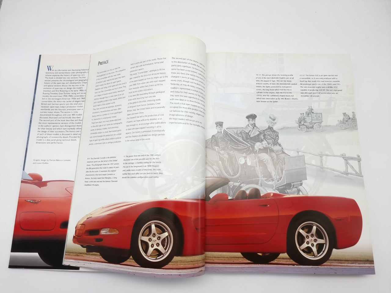 Open book spread featuring a red convertible on a road, side and front views.