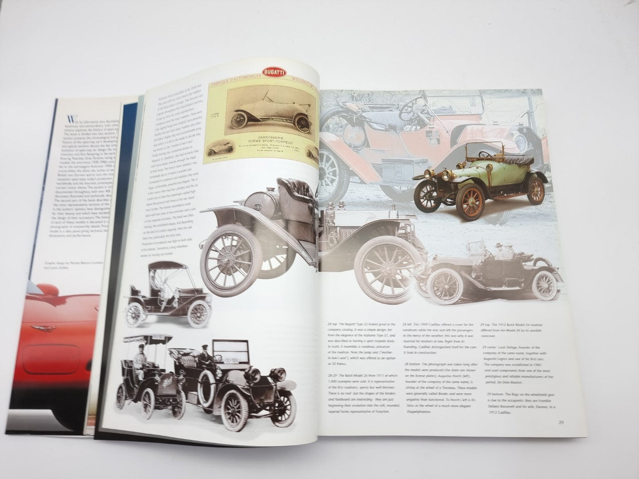 Open book spread with classic vintage convertibles, green and black car photos.