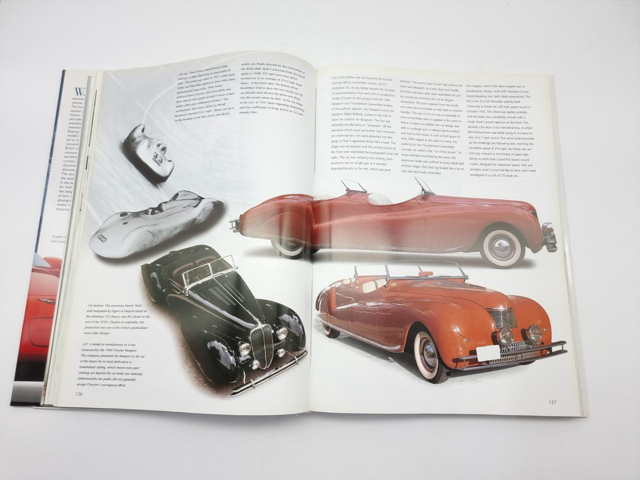 Open book spread with red and dark convertibles plus shoe and wheel details.