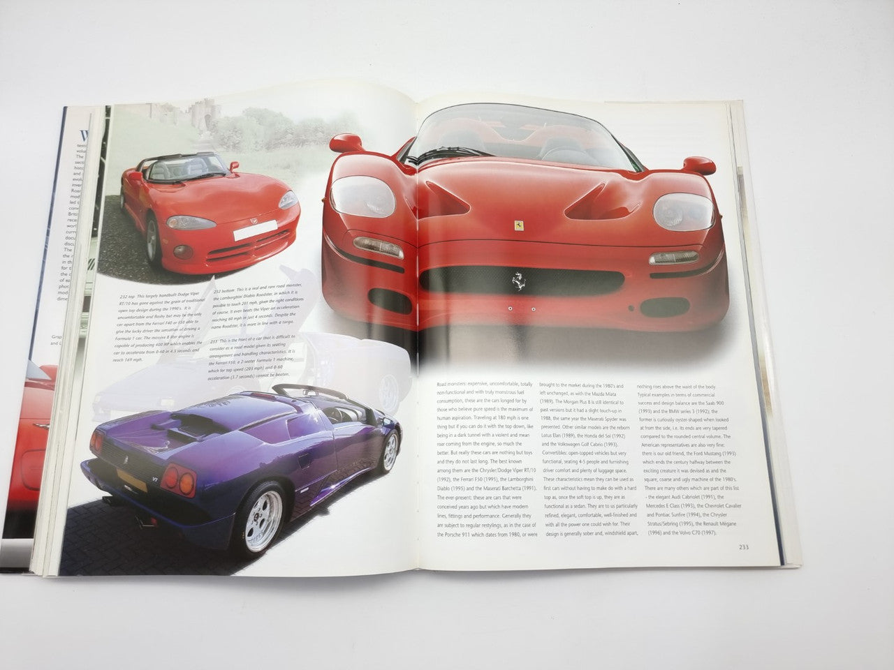 Open book spread with red and purple convertibles, close front and side car views.