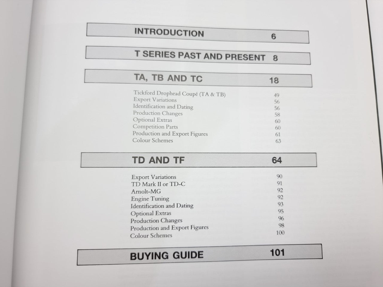 Open book page showing table of contents with headings for T Series and TD and TF