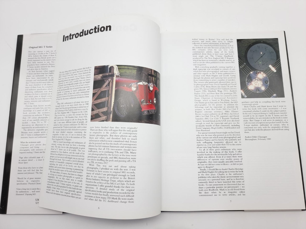 Open MG T Series guide book showing Introduction page with model car photo.
