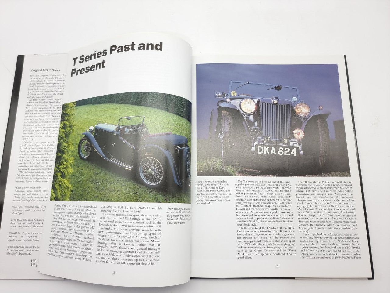 Open MG T Series guide book page spread with car photos and headings.