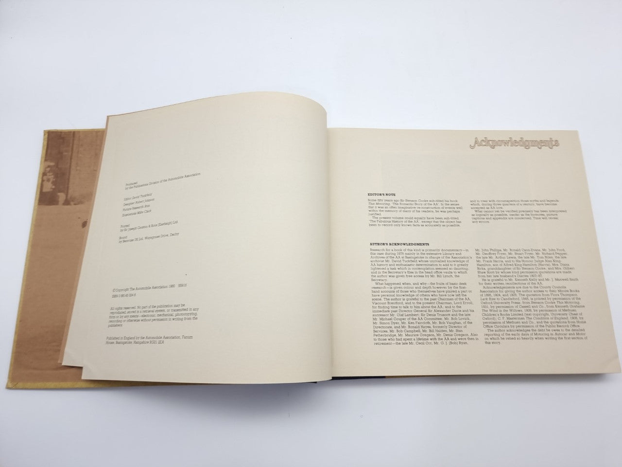 AA automobile association history book, open pages with printed text and headings