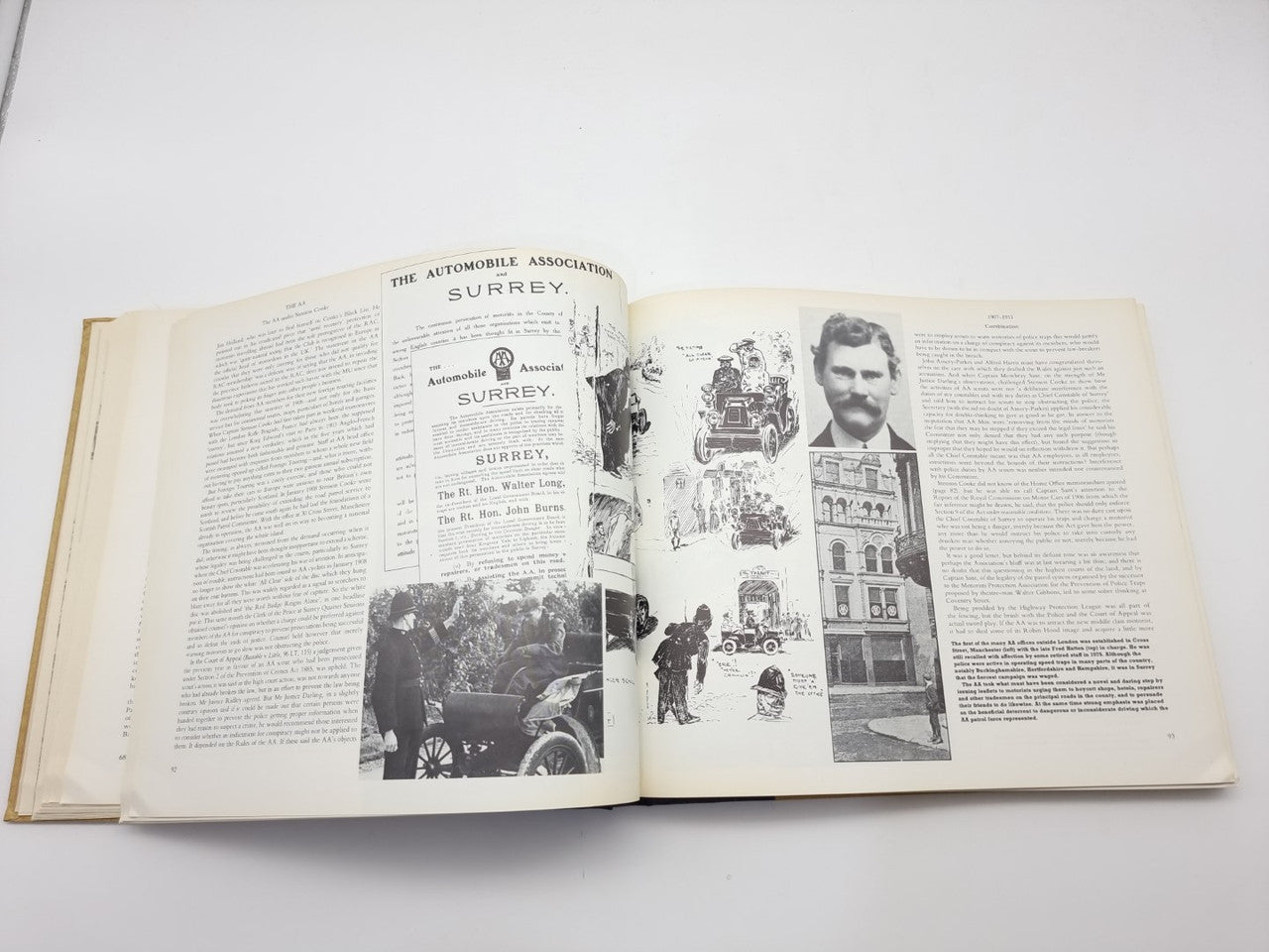 AA automobile association history book, open spread with survey page and photo collage