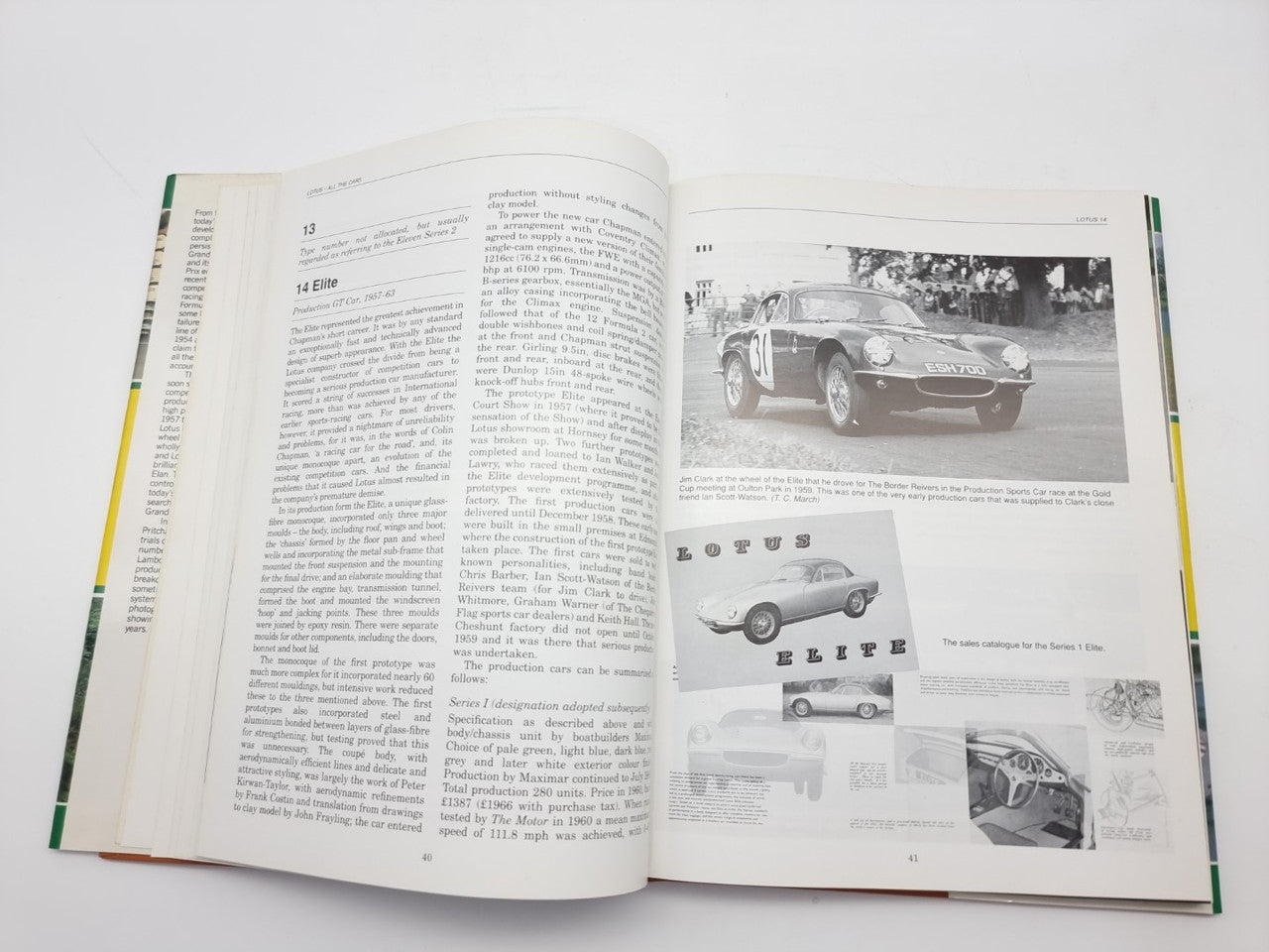 Open book page spread with racing car photo, smaller images, and printed captions