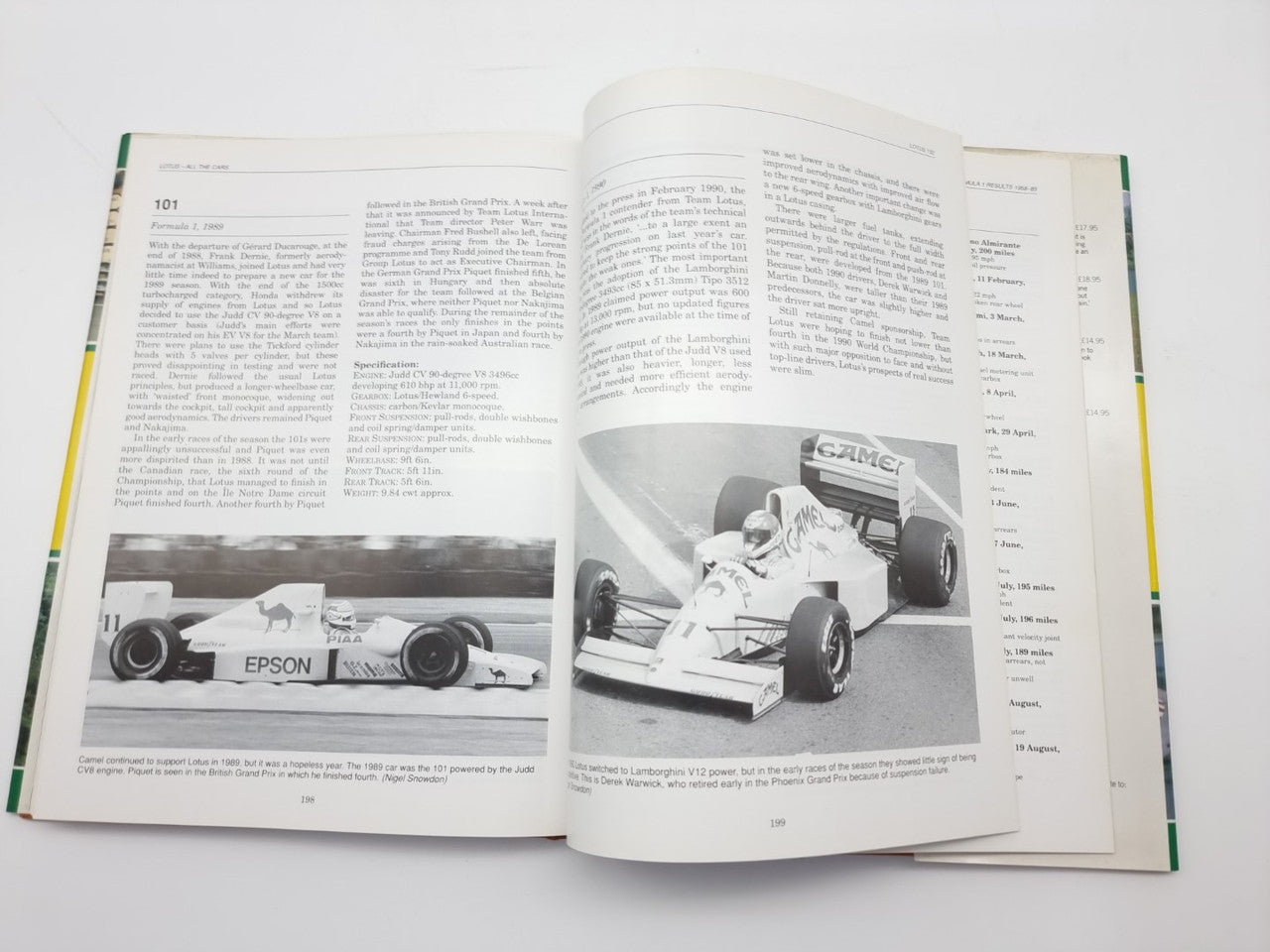 Opened motorsport photo book with black-and-white F1 cars and block paragraphs on pages