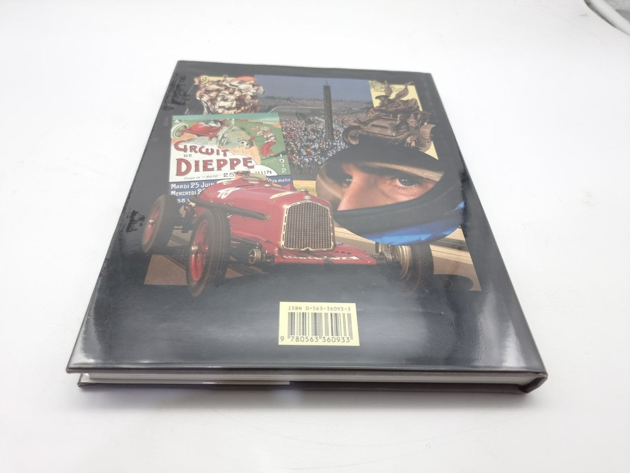 Motor racing book back cover with car artwork, collage, and barcode sticker