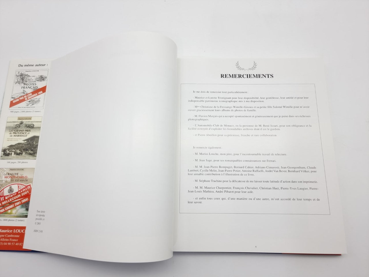 Racing biography book opened to acknowledgments page with boxed text