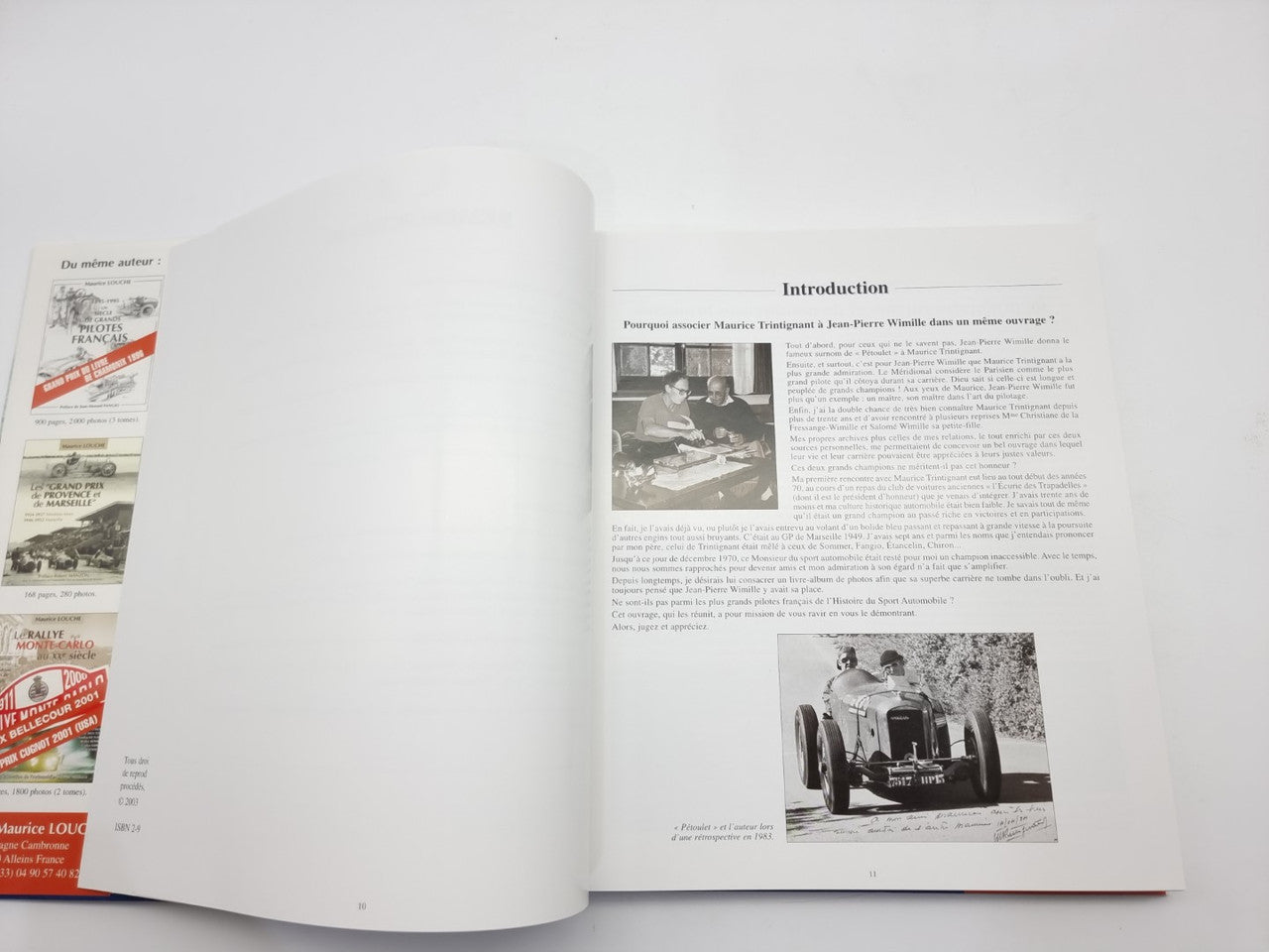 Racing biography book opened to introduction with small black-and-white photo blocks