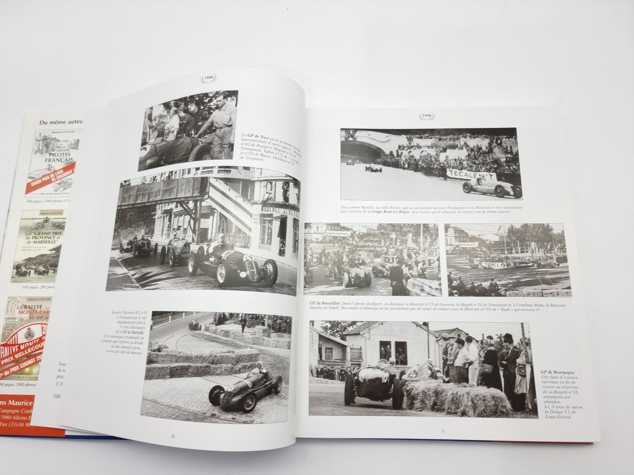 Racing biography book opened with multiple black-and-white racing photo collages