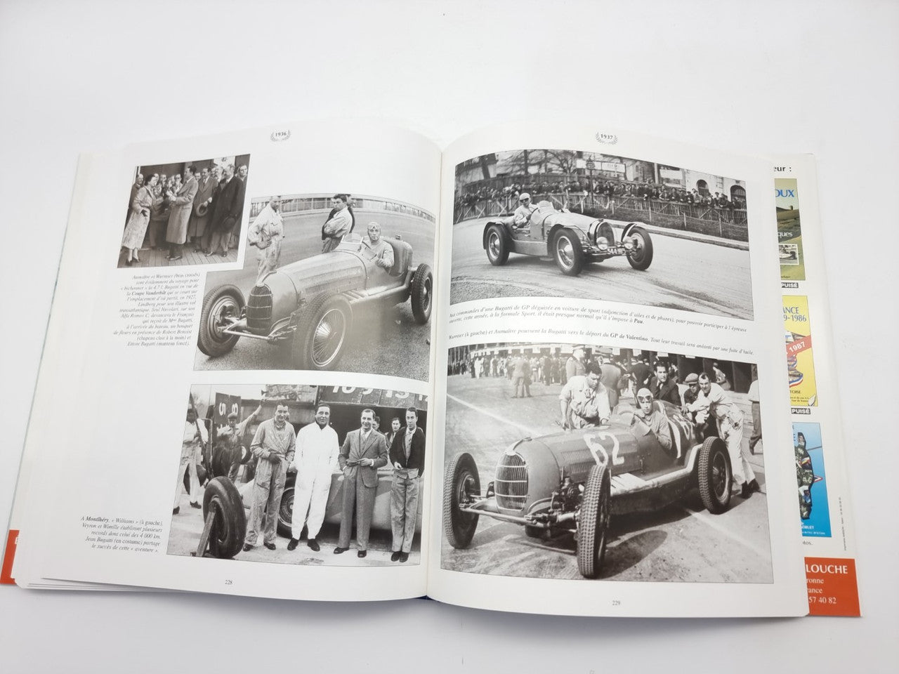 Racing photo book, open spread with black-and-white vintage race cars and group photos