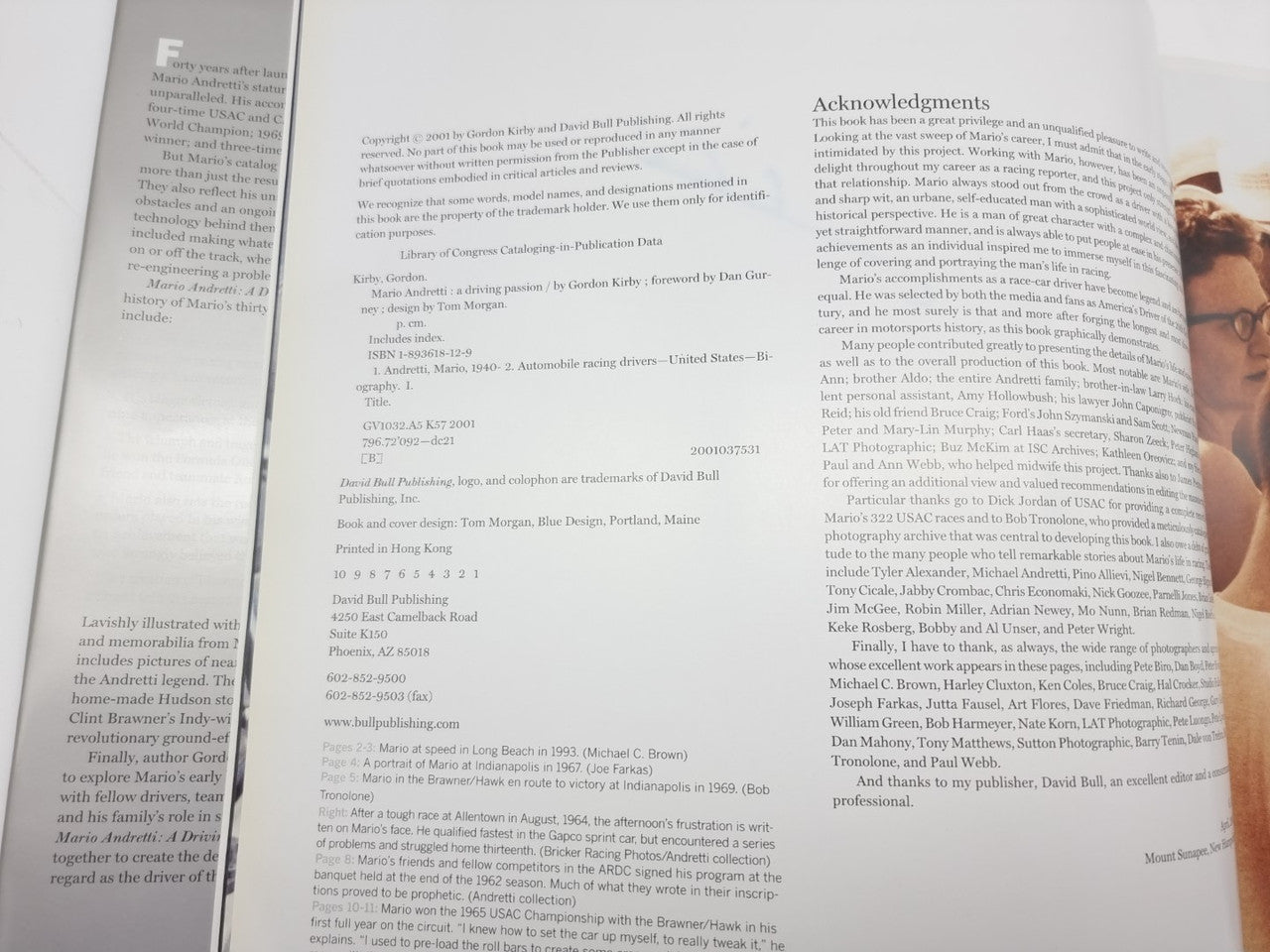 Racing book open pages showing acknowledgments heading and detailed paragraphs