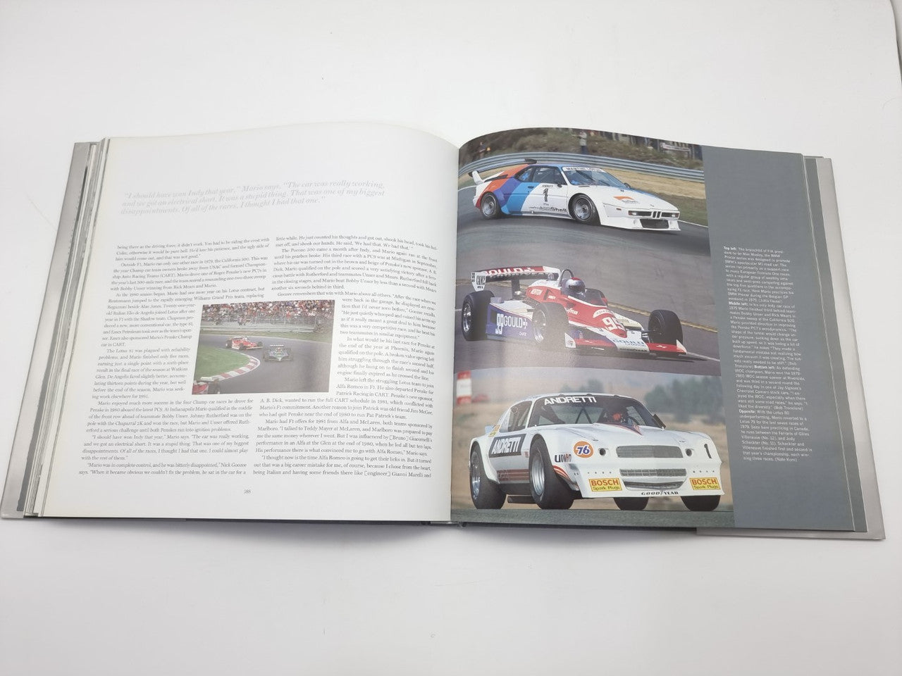 Open motorsport book featuring race car photos on the right with matching text pages.