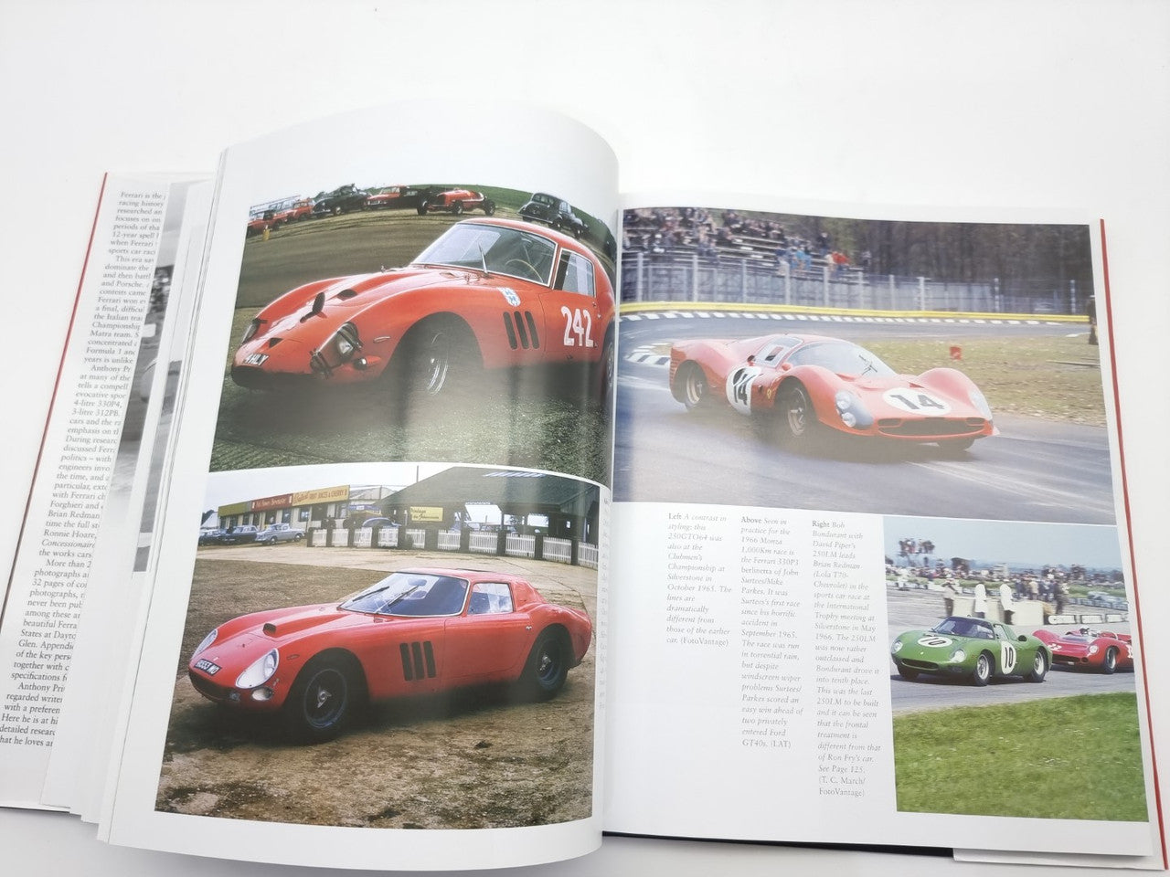 Open book spread with color photos of classic sports cars and race scenes