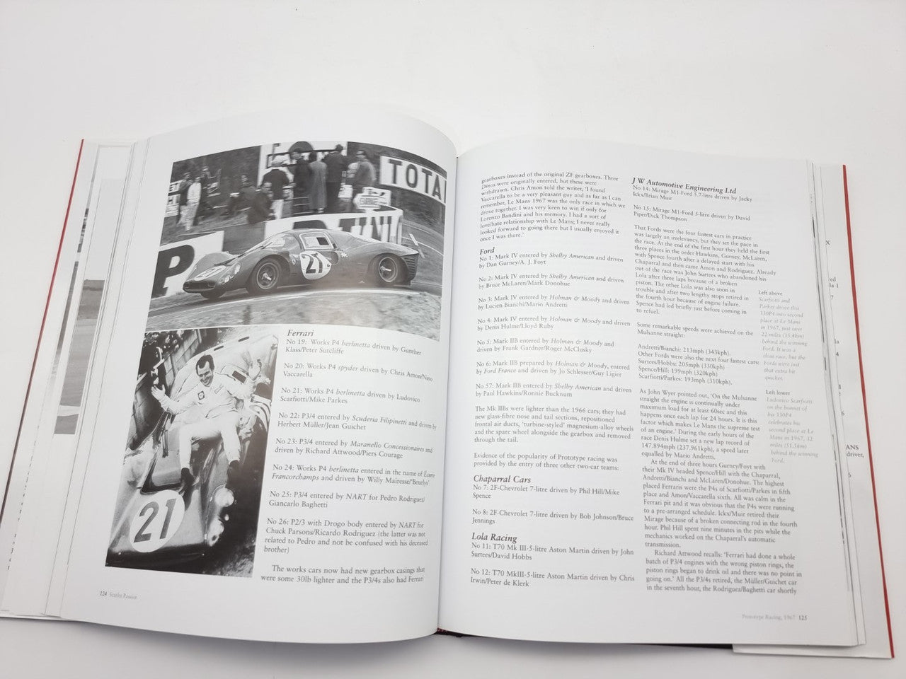 Open book spread with racing photos, captions, and long article paragraphs