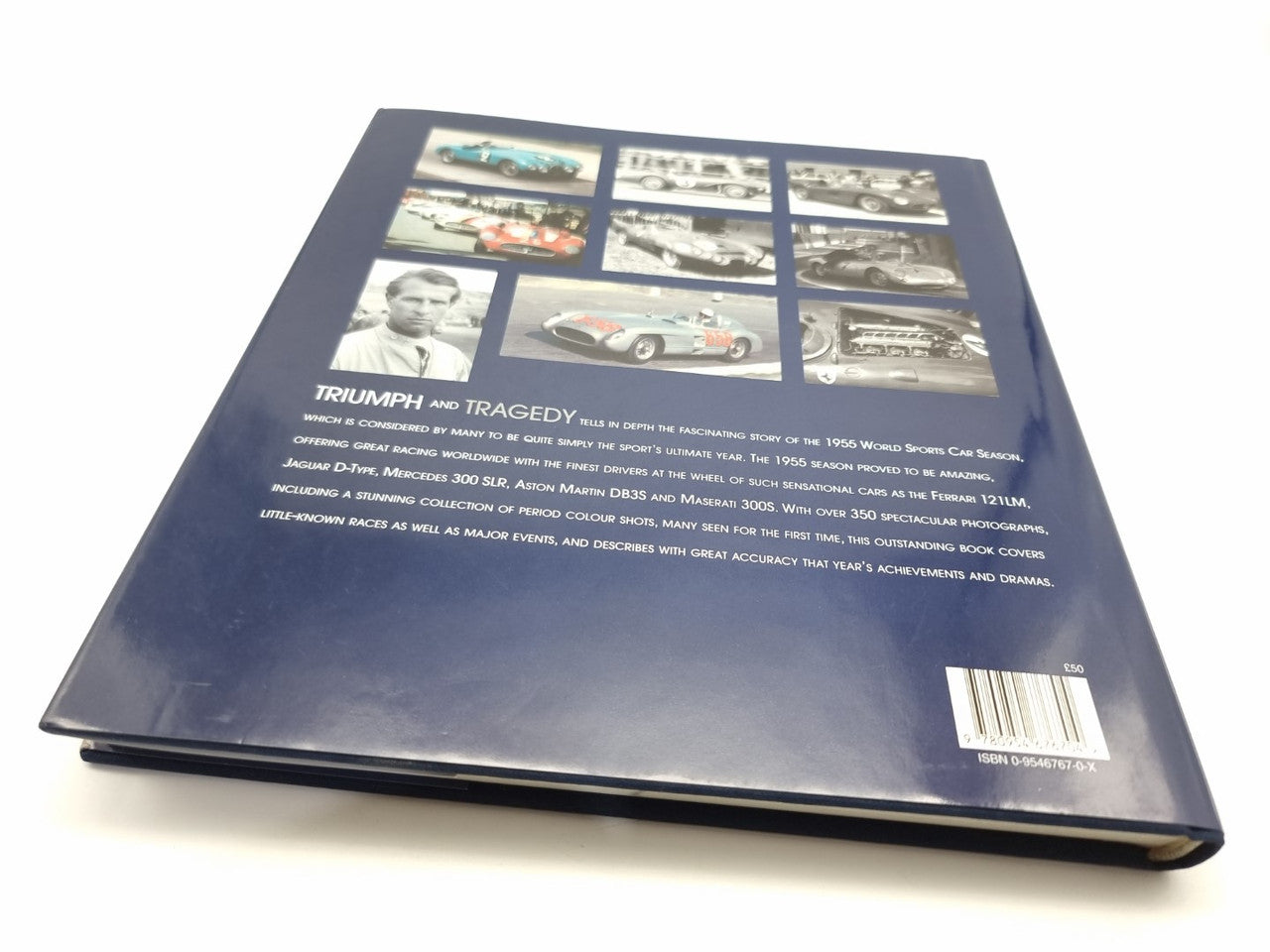 Back cover of Triumph and Tragedy 1955 book with small race car photos