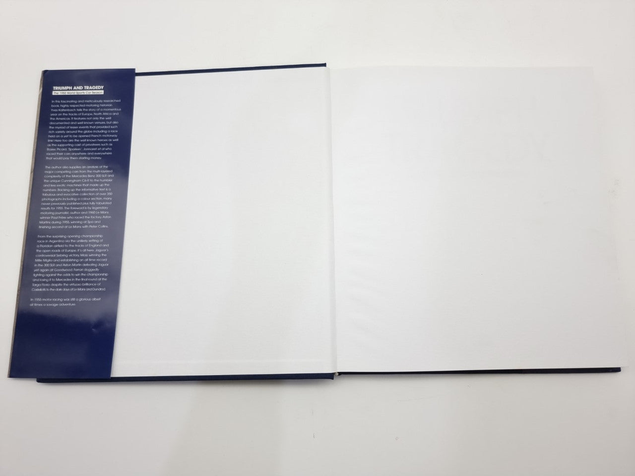 Open book showing blank page spread with blue side panel