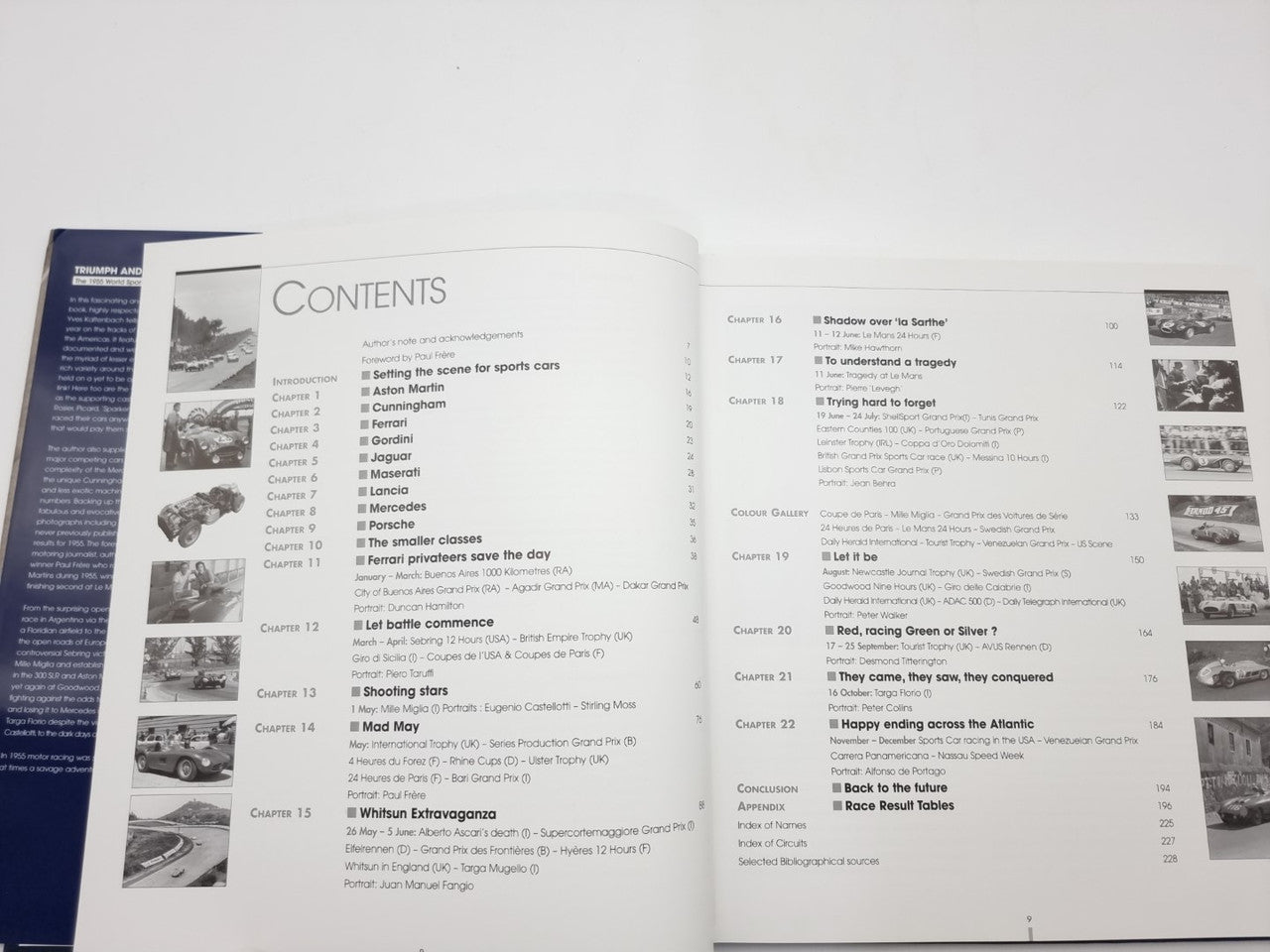 Open book contents spread with numbered headings and small race car thumbnails