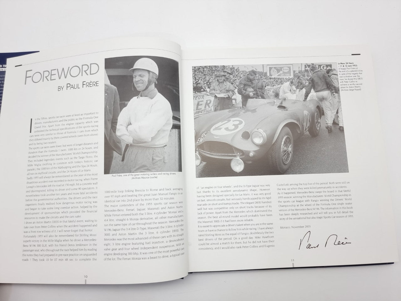 Open book foreword spread with portrait photo and race car photograph