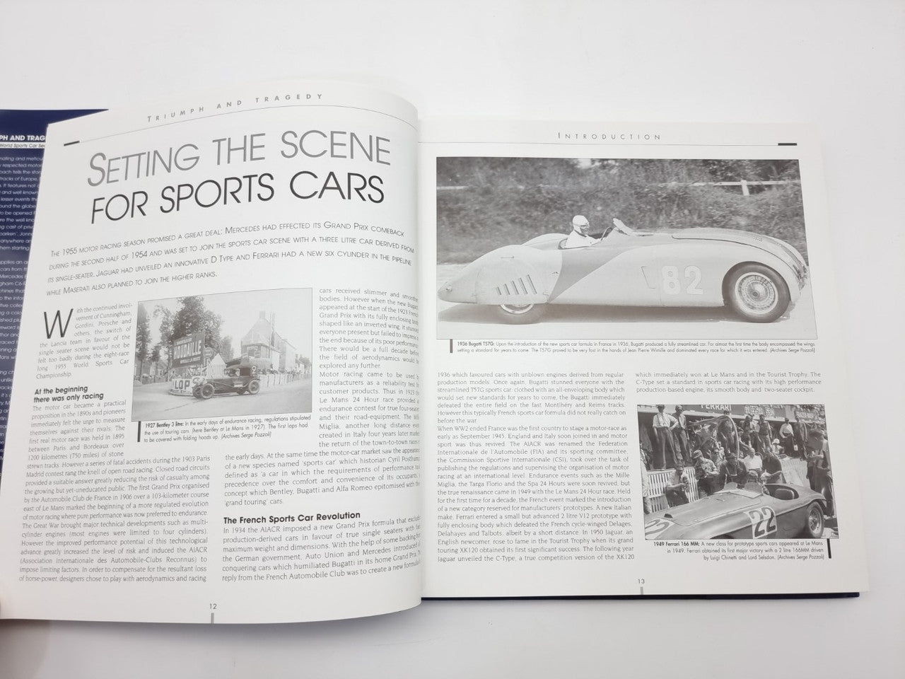Open book spread titled Setting the Scene for Sports Cars with race car images