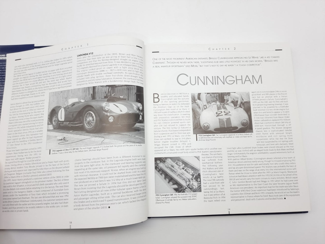 Open book spread featuring Cunningham section with car photo and captions