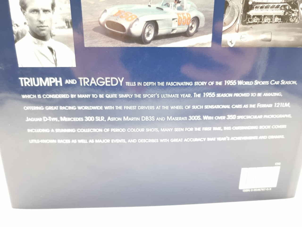 Hardcover photo book cover with racing car photos and 'TRIUMPH AND TRAGEDY' text