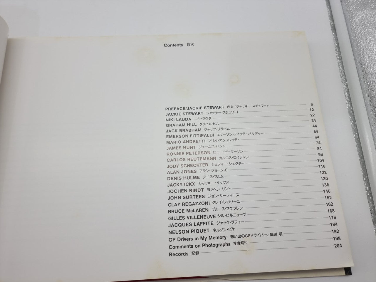 Hardcover book open to contents page with driver list and page numbers