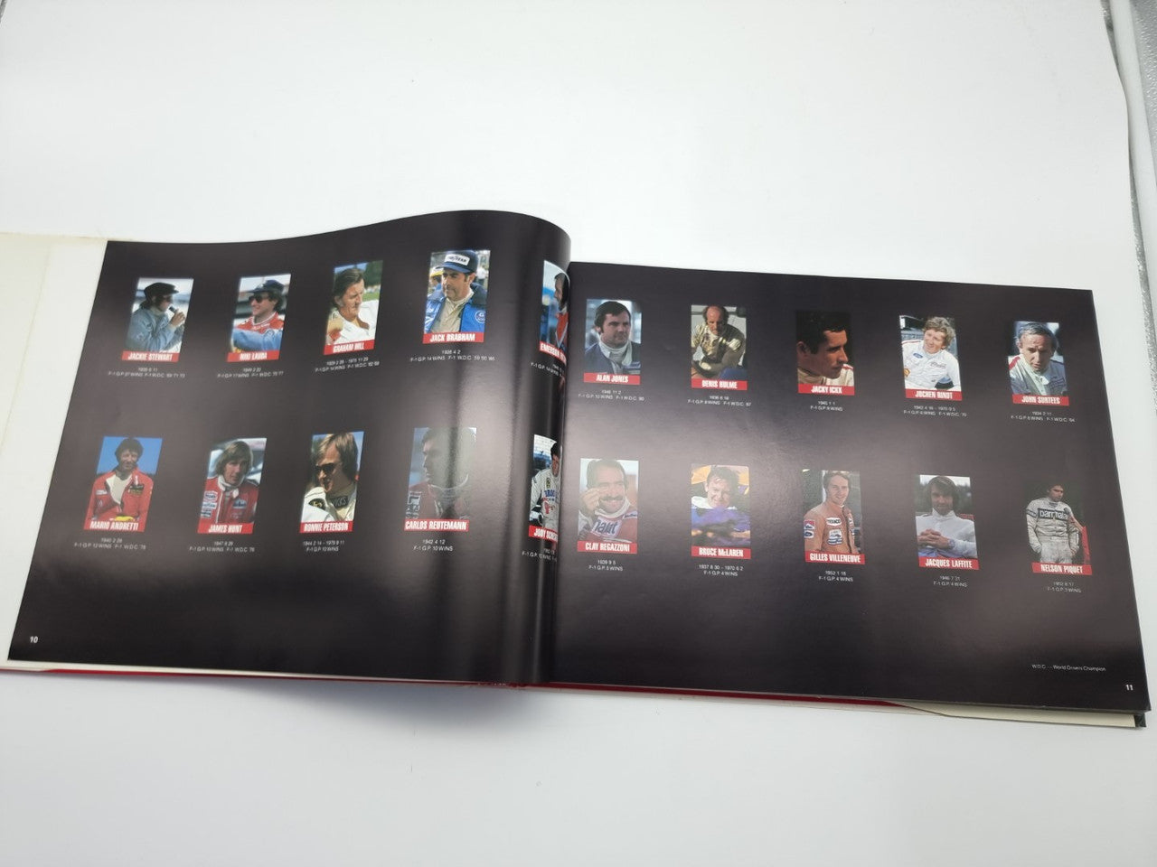 Hardcover book open to grid of small driver portrait photos on black page