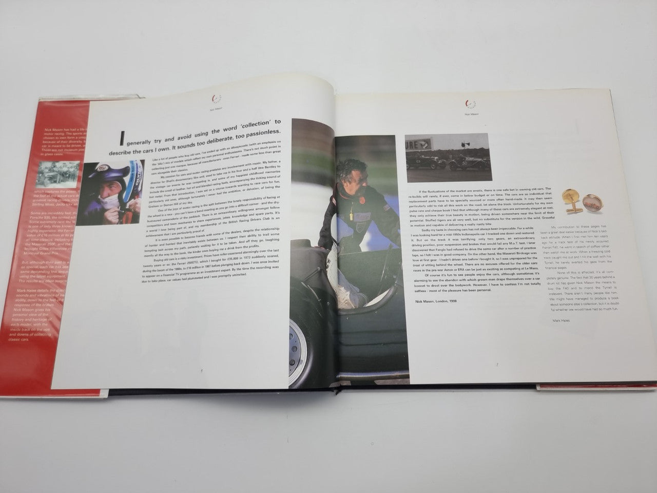 Open motorsport history book spread with car photos and blocks of text