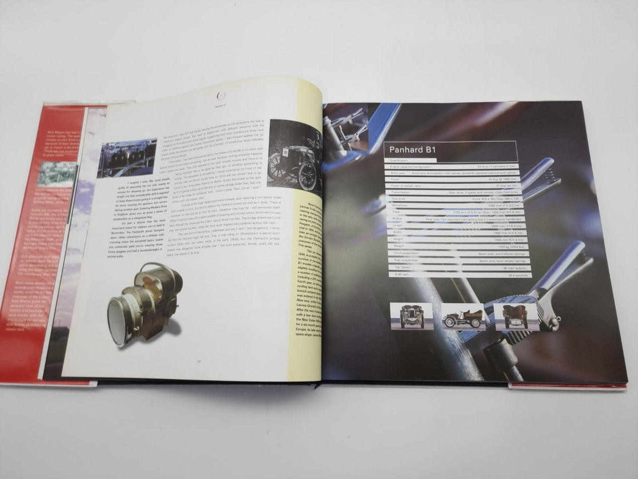 Open motorsport history book spread with engine close-up and parts labels