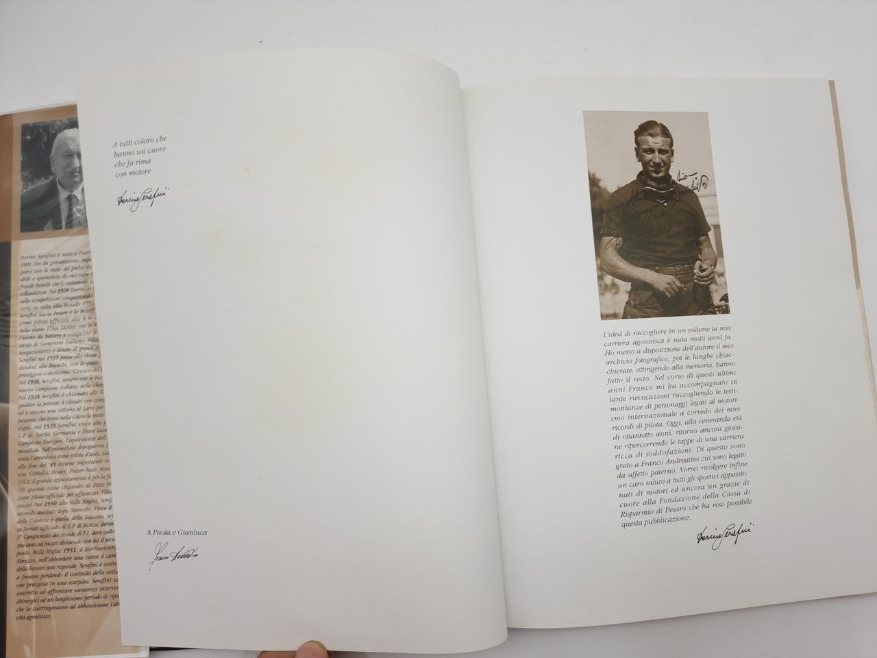 Dorino Serafini story-legend book, open pages with portrait photo and paragraphs