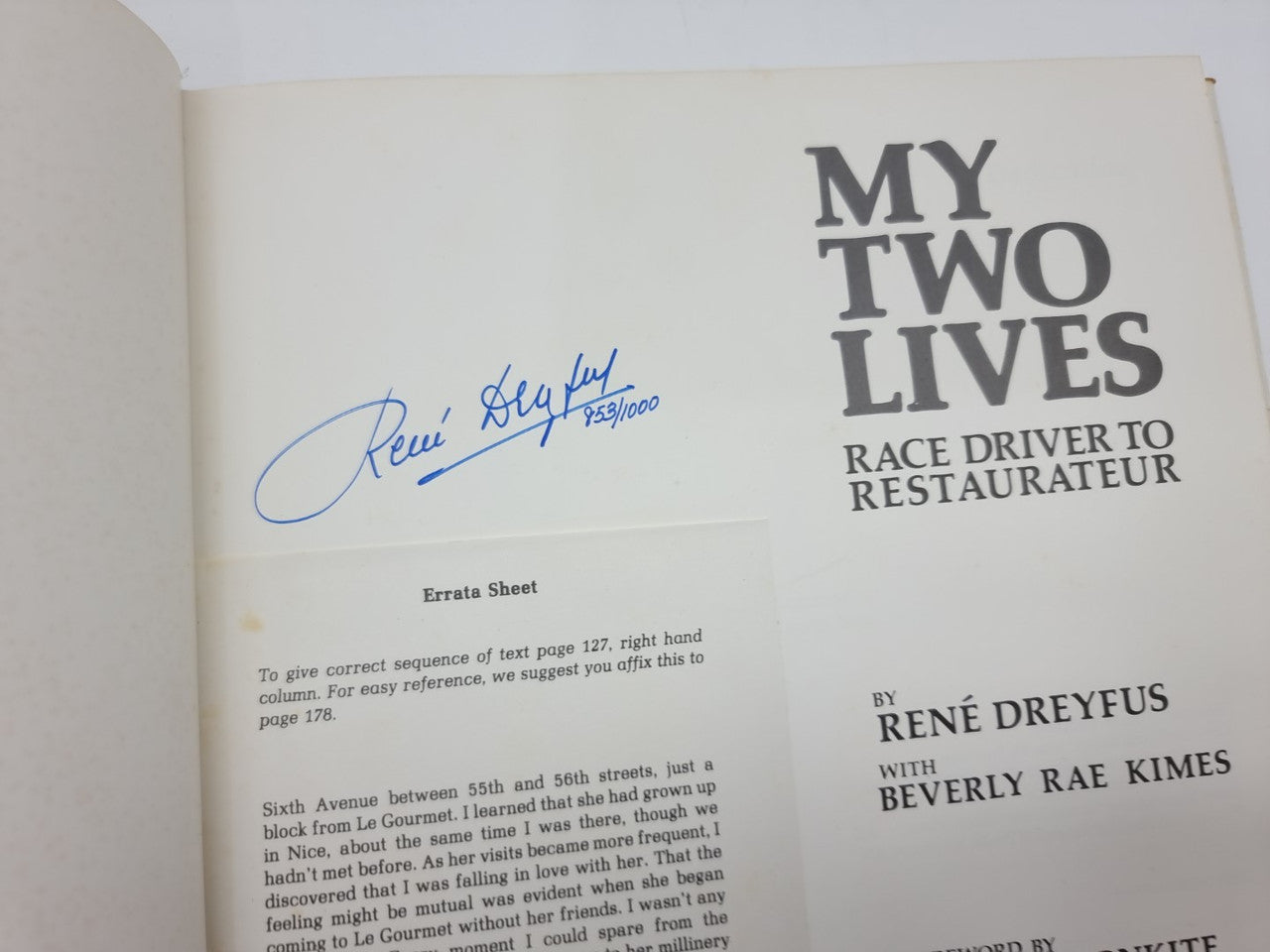 My Two Lives - Race Driver To Restauranter SIGNED (Rene Dreyfus, 1983)