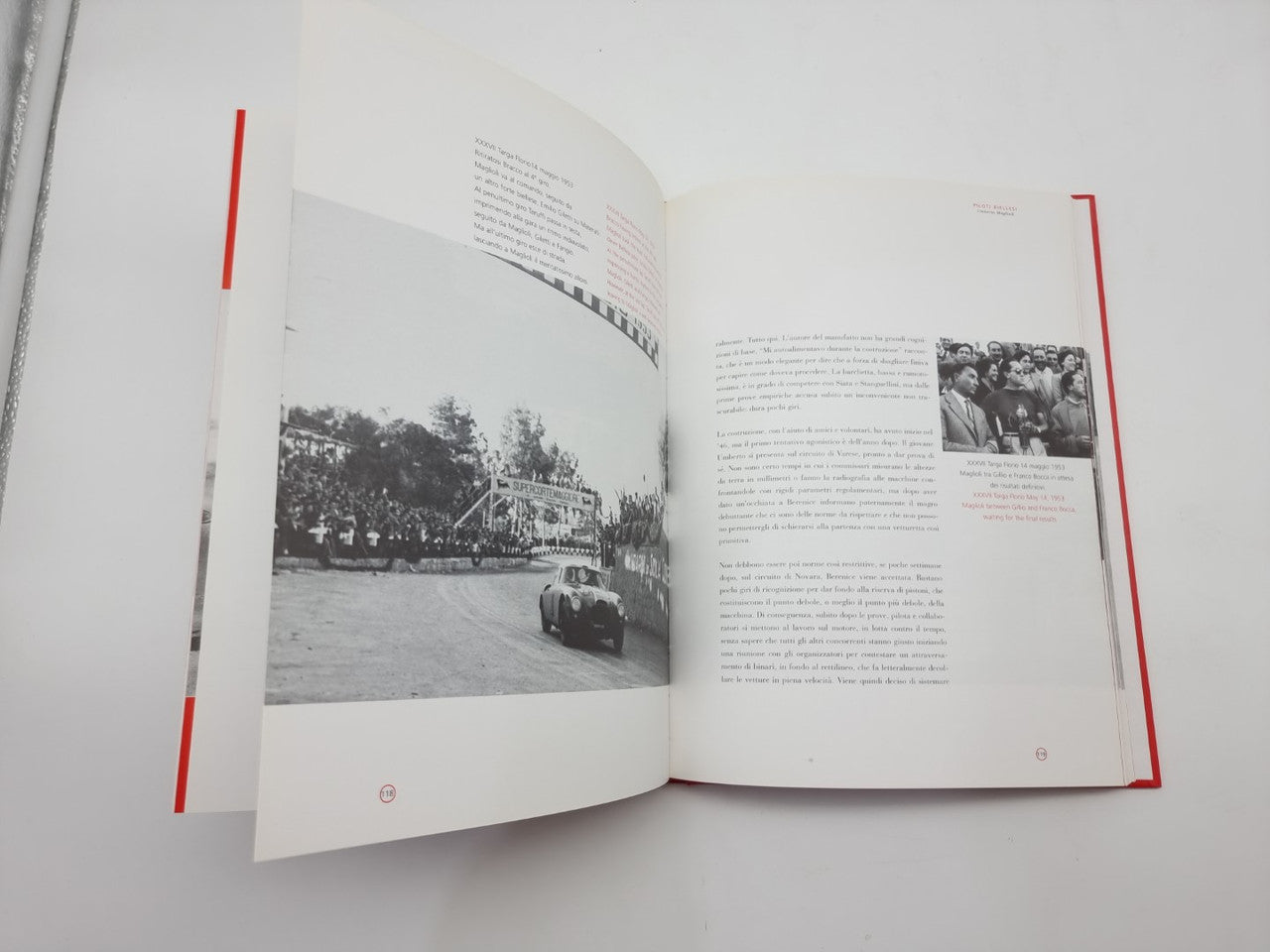 Open book with black-and-white outdoor car photo inset on the left page.