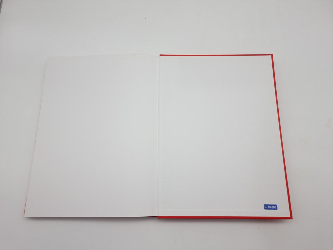 Closed white book with thin red border line and small blue logo at bottom right