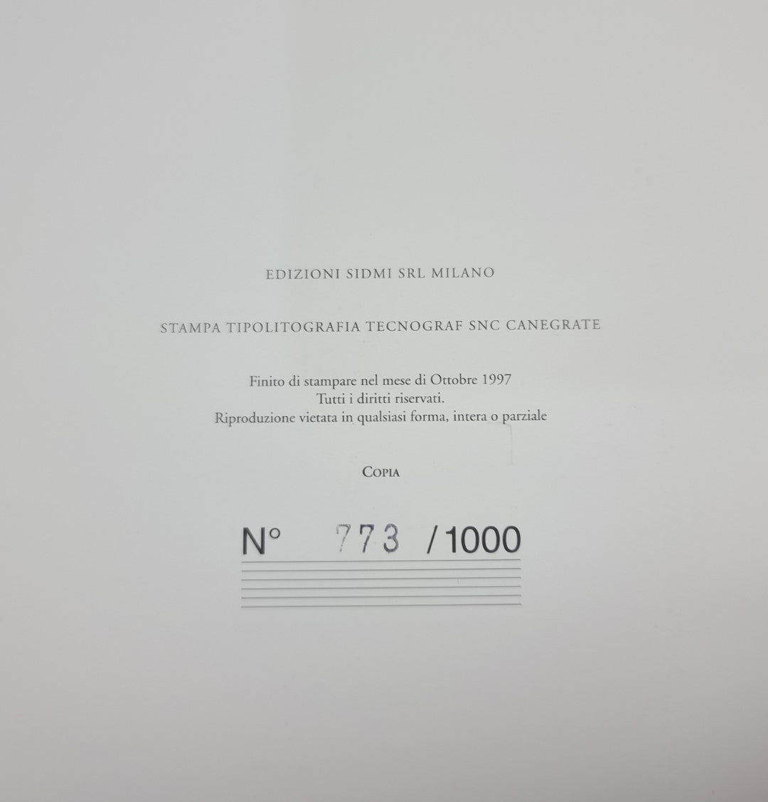 Edition number '773/1000' with Italian text on white book cover