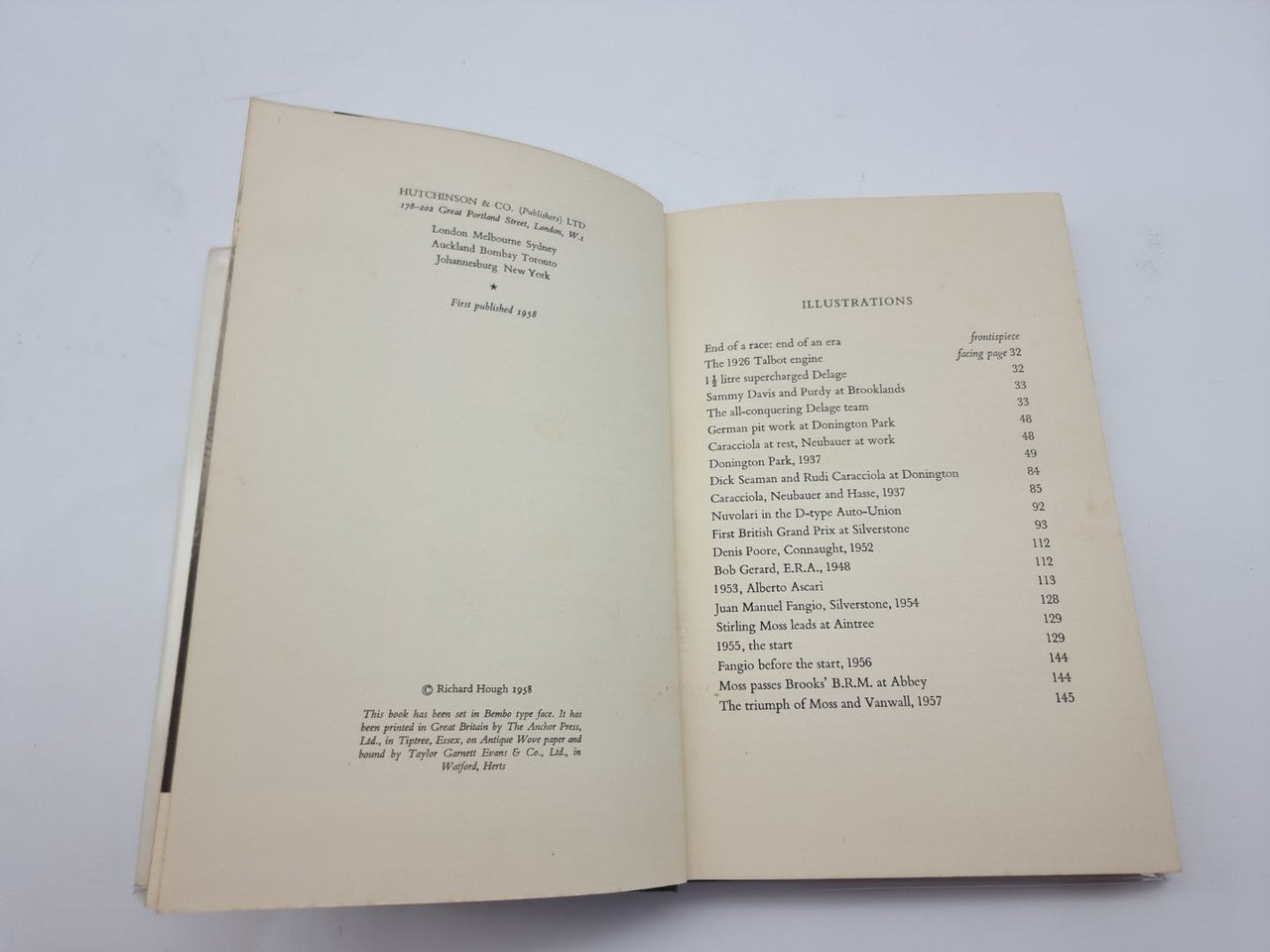Open hardcover book with printed headings and a table of illustrations page
