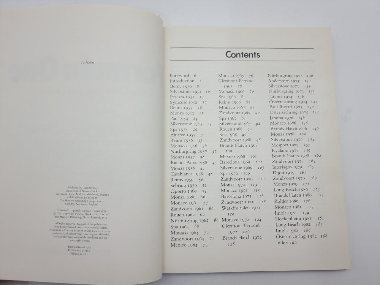 Open Formula One art book showing Contents page with section list