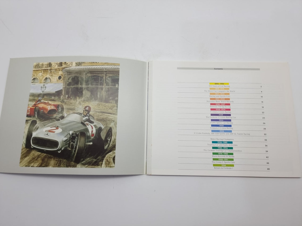 Motorsport history book open spread with left race car photo and right white list table.