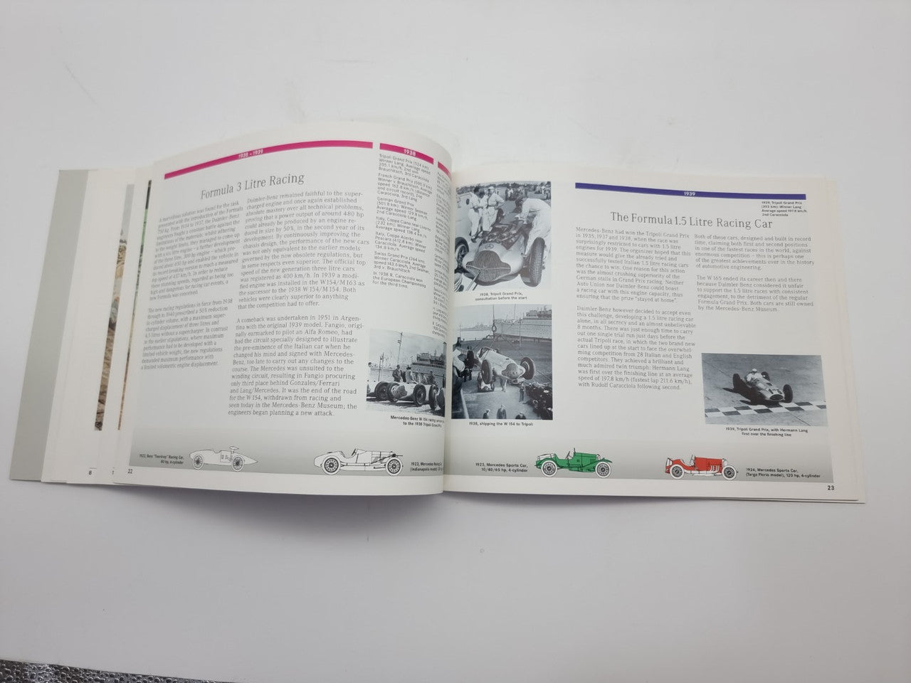 Motorsport history book open pages with dense text and small diagram images.