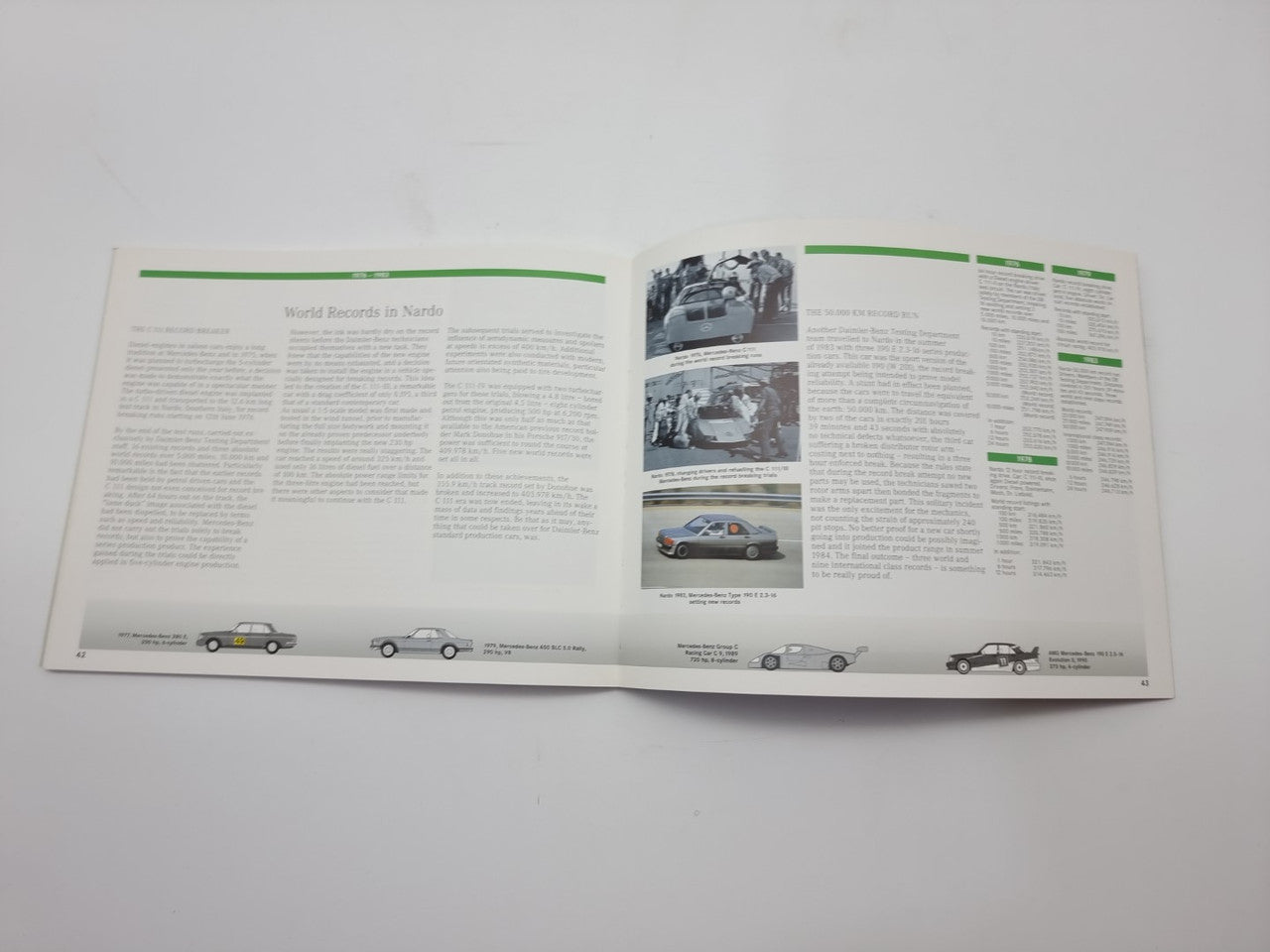 Motorsport history book open spread with green-titled text and small car illustrations at bottom.